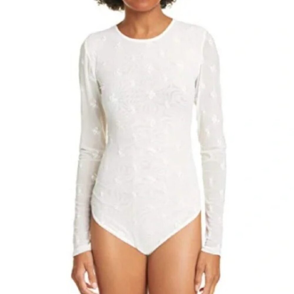 Free People White Make Out Mesh Embroidered Bodysuit - M
